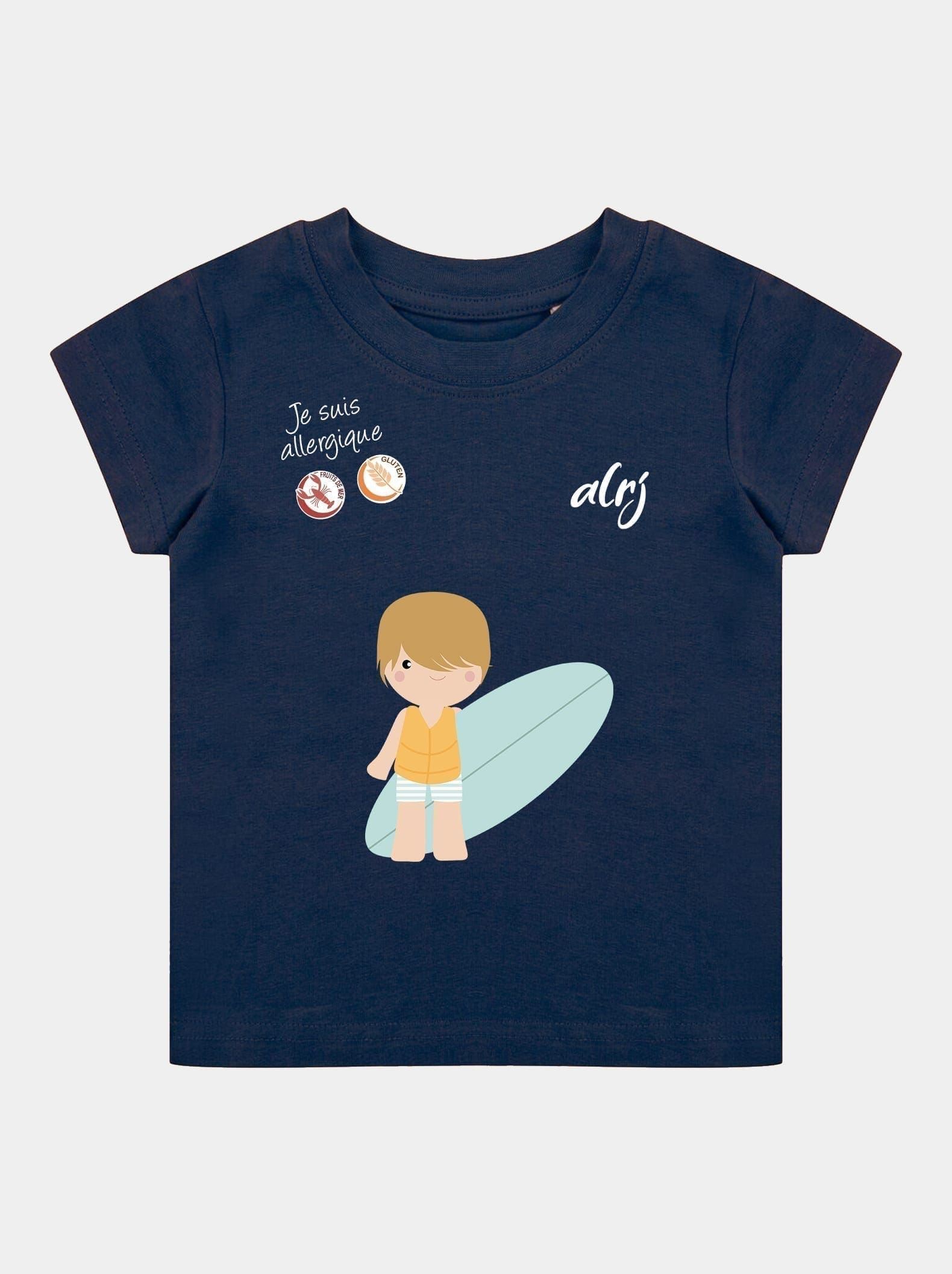 t-shirt enfant allergies alimentaires motif surf bleu marine