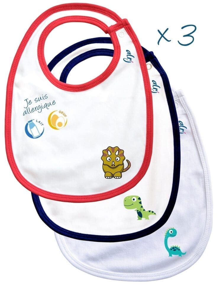 Lot de 3 bavoirs bébé allergie motifs trex diplodocus et triceratops