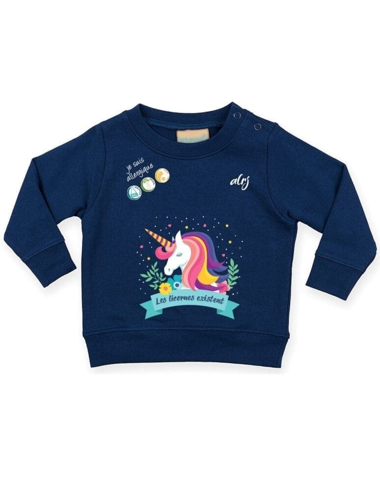 Pull bébé de prévention des allergies alimentaires motif licorne bleu