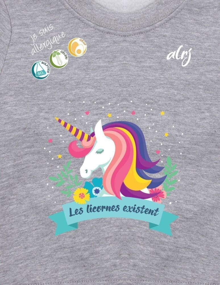 pull bébé allergie licorne gris