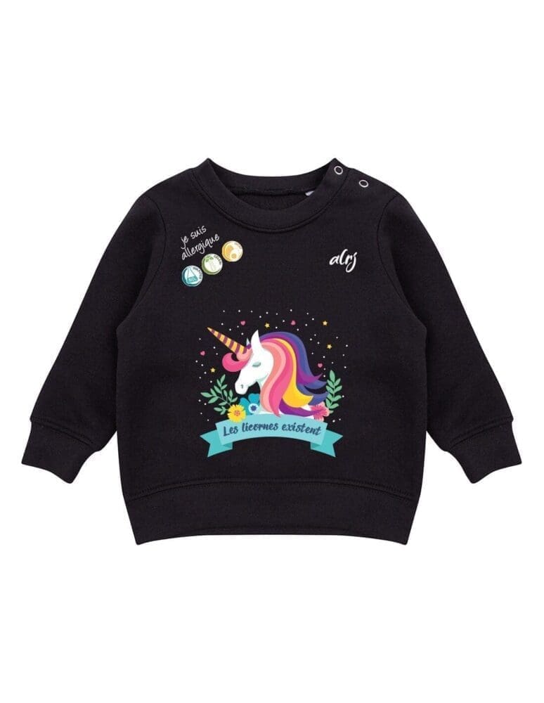 Pull bébé de prévention des allergies alimentaires motif licorne noir