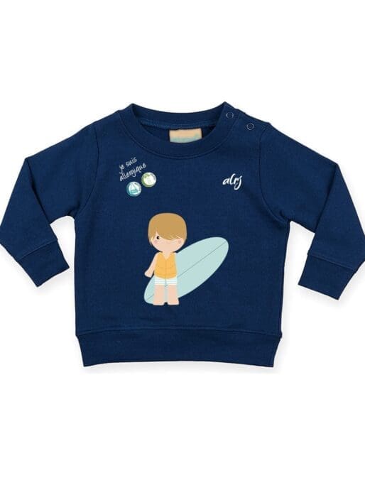 Pull bébé allergie motif surfeur bleu