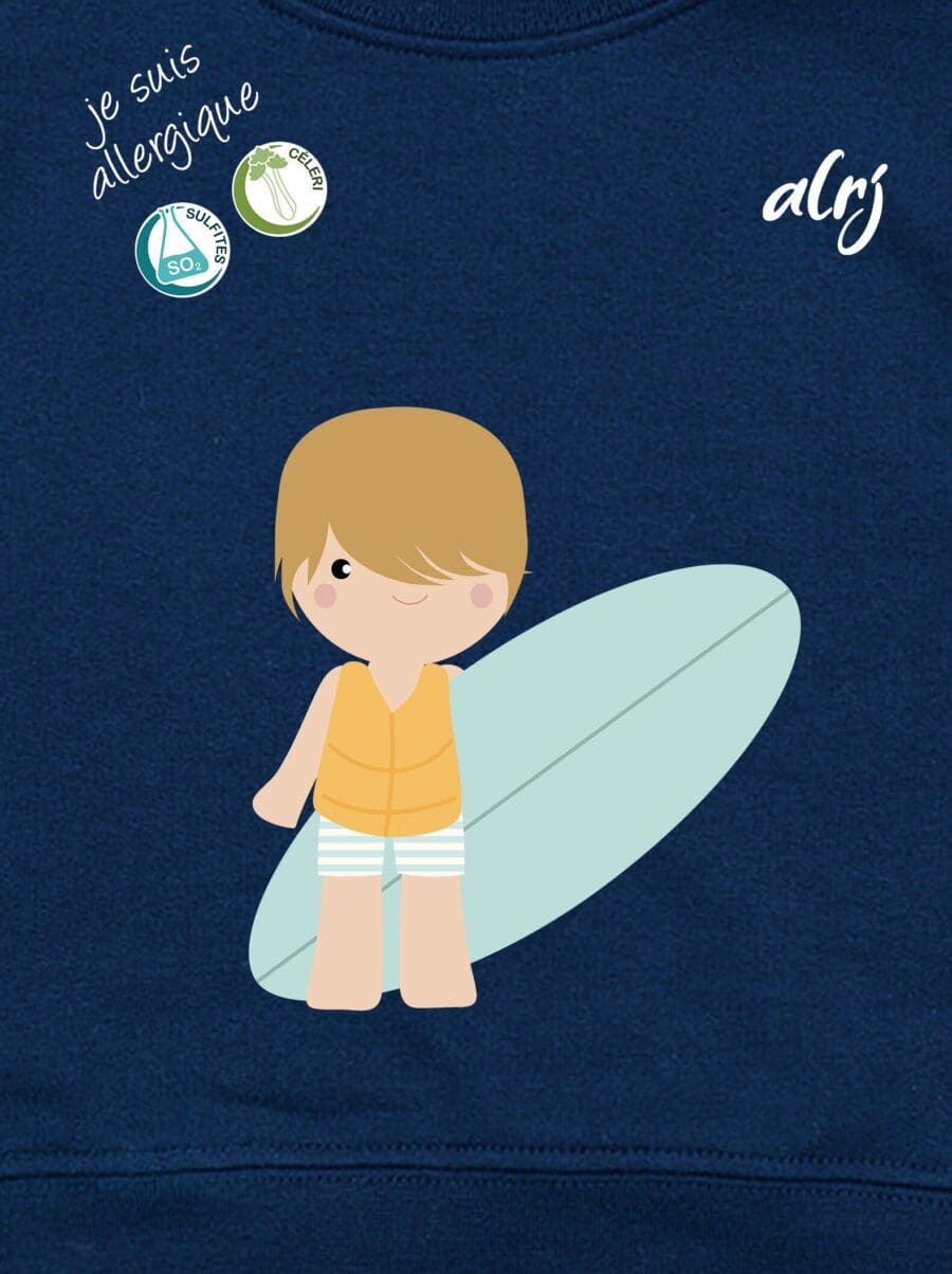 Pull bébé allergie motif surfeur bleu zoomé
