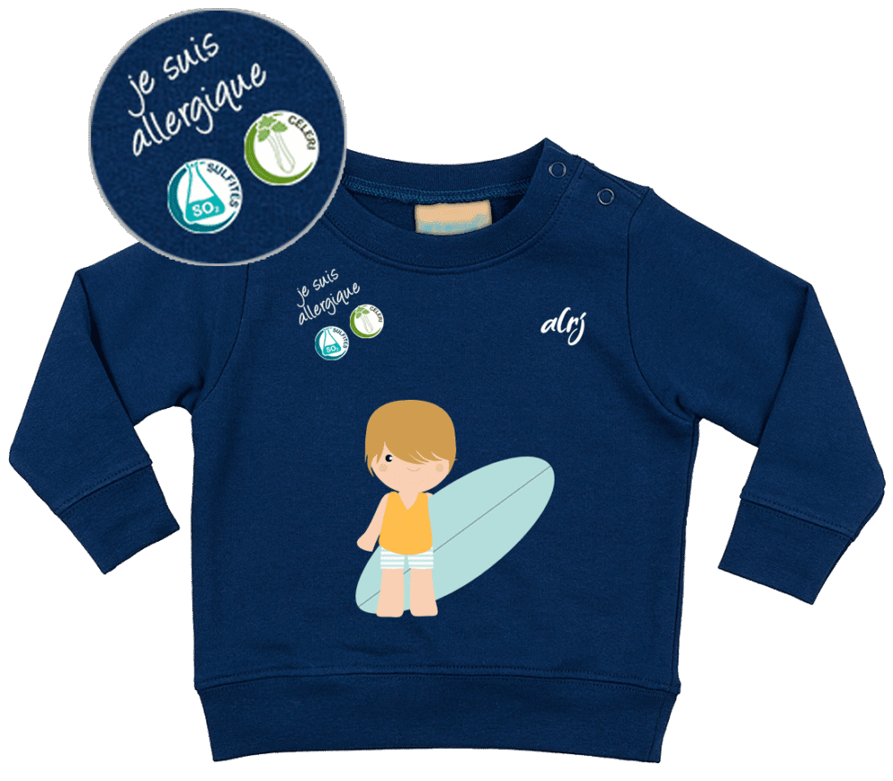 pull pour enfant allergique avec zoom sur les allergènes