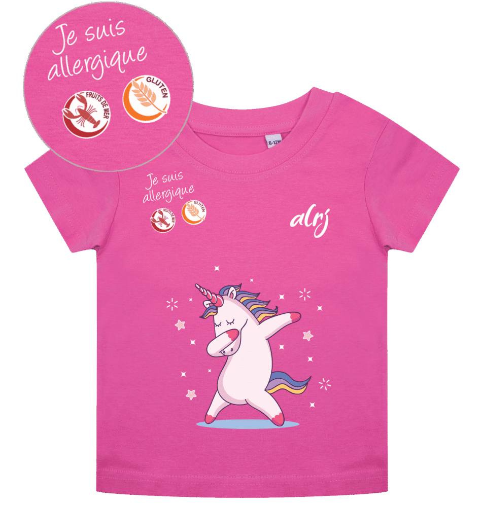 t-shirt-bébé-allergie-licorne-rose avec zoom sur les allergènes t-shirt bébé allergique avec zoom sur les allergènes
